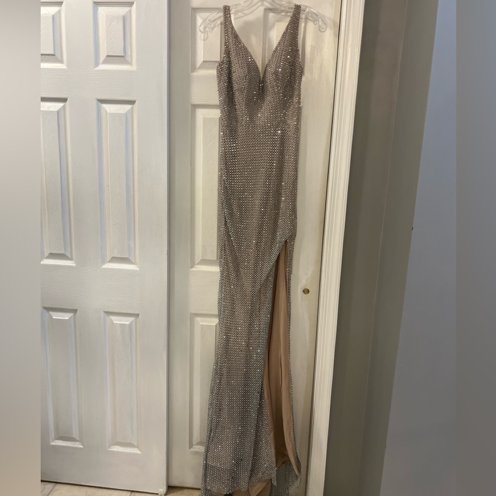 Portia and Scarlett Gunmetal floor length gown
